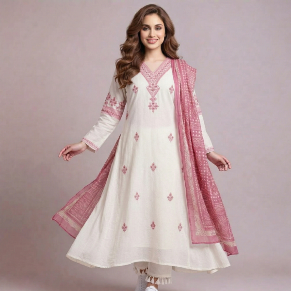 Cotton Katha Work Kurti with Pant and Dupatta