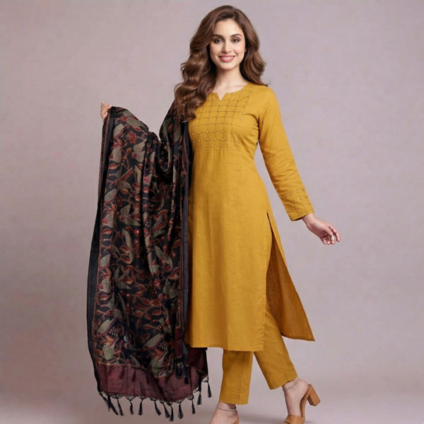 Embroidered Kurta set with printed black dupatta