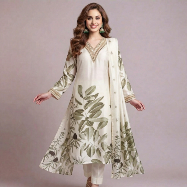 Ethnic V-Neck Straight Kurtha with Trouser & Dupatta